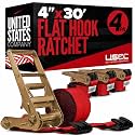 US Cargo Control Flat Hook Ratchet Straps 4” x 30’ (4-Pack), 5,400 LBS Working Load Limit, Red 4 Inch Ratchet Straps with Black Flat Hooks, Professional 4 Inch Straps for Flatbed Trailers