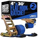 US Cargo Control Flat Hook Ratchet Straps 4” x 30’ (2-Pack), 5,400 LBS Working Load Limit, Blue 4 Inch Ratchet Straps with Black Flat Hooks, Professional 4 Inch Straps for Flatbed Trailers