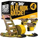 US Cargo Control Flat Hook Ratchet Straps 4” x 30’ (4-Pack), 5,400 LBS Working Load Limit, Yellow 4 Inch Ratchet Straps with Black Flat Hooks, Professional 4 Inch Straps for Flatbed Trailers