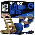 US Cargo Control Flat Hook Ratchet Straps 4” x 40’ (4-Pack), 5,400 LBS Working Load Limit, Blue 4 Inch Ratchet Straps with Black Flat Hooks, Professional 4 Inch Straps for Flatbed Trailers