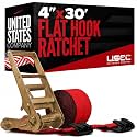 US Cargo Control Flat Hook Ratchet Strap 4” x 30’, 5,400 LBS Working Load Limit, Red 4 Inch Ratchet Strap with Black Flat Hook, Professional 4 Inch Strap for Flatbed Trailers