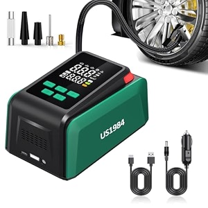 tyre inflator with 2-in-1 rechargeable amp corded power preset inflation modes 20mm cylinder digital display flashlight torch auto shut-off air pump compressor for car amp bike green