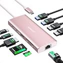 USB C Hub Adapter,10 in 1 USB C to USB HDMI Ethernet Hub with 4K@60Hz HDMI+Ethernet+4USB+1USB-C Data Port+SD/TF Card Reader+100W PD (Pink)