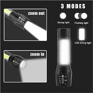 usb rechargeable led mini portable flashlight with cob side light  high bright torch with storage case  emergency amp outdoor use sb type c rechargeable  50 watts 3 modes pocket torch  black