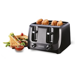 usha itoast 4 slice pop up toaster  1400w  6 browning settings  cool touch shock proof plastic body removable crumb tray  automatic bread centering for uniform browning 2 years warrantyblack