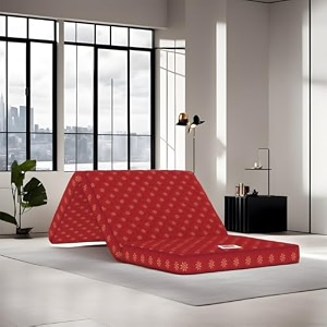 usha shriram essentio 3 fold reversible travel bed at factory rate 4-inch single pu foam mattress 72x36 inch  space-saving firm mattress ideal for picnics  18 month warranty  easy to carry - red