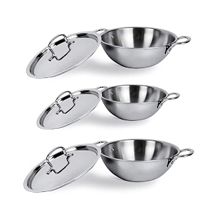 usha shriram triply stainless steel kadai with lid 3pcs - 16l 22l 26l  stove amp induction cookware  heat surround cooking  triply stainless steel cookware with lid