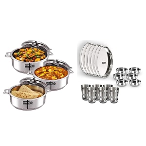 usha shriram stainless steel insulated casserole  hot roti box  double wall insulationamp easy lock lid mechanism  wobble free base glossy durable  hot pot dinner set