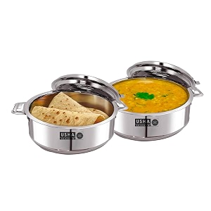 usha shriram stainless steel insulated casserole  hot roti box  double wall insulationamp easy lock lid mechanism  wobble free base glossy durable  hot pot 2pcs - 15l