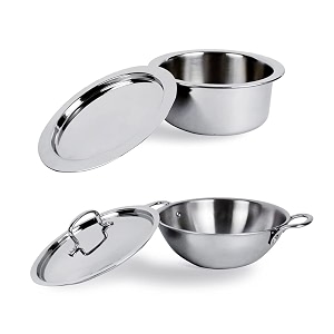 usha shriram triply stainless steel kadhai 22l and tope 15l set  with ss lid  heavy bottom cooking utensils  gas amp induction base  stainless steel cookware  cooking pot  cook n serve pot 