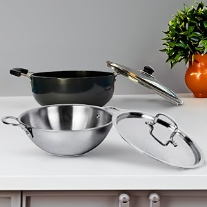 usha shriram triply stainless steel kadai with lid 26l amp non stick kadai with lid 28l  stove amp induction cookware  heat surround cooking  heavy bottom kadai  deep frying kadhai