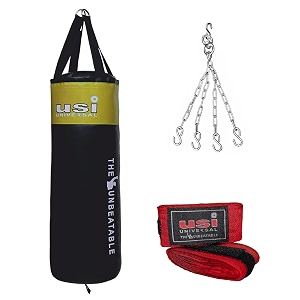 usi universal boxing kit for adults boxing set with 626n 60cm2 feet unfilled punching bag 626sw4 metal hanging chain with 4 legs amp 628a 275m long 1 pair boxing hand wraps blackyellow