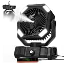 USONE Portable Misting Fan, 5-in-1 Camping Fan Rechargeable, LED Light, Remote & Timer, [Max 48Hrs] Battery Operated Tent Fan with Hook for Patio, Beach, Outdoor, Emergency Backup,Black