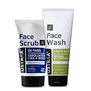 ustraa de-tan face scrub for men 100g  exfoliation amp effective tan removal  walnut granules amp face wash - oily skin - 200g - with basil amp key lime - for ane-prone skin  no sls  checks acne