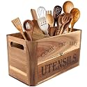 Utensil Holder for Kitchen Countertop - Extra Large 3 Compartment Wooden Organizer in Acacia Wood, Storage for Cooking Tools and Cutlery, Farmhouse Style for Home Cooking