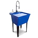 Utility Sink Extra-Deep Laundry Tub in Blue with High-Arc Black Coil Pull-Down Sprayer Faucet, Integrated Supply Lines, P-Trap Kit, Heavy Duty Floor Mounted Freestanding Wash Station