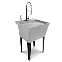 Utility Sink Extra-Deep Laundry Tub in Grey with High-Arc Coil Pull-Down Sprayer Faucet in Matte Black, Integrated Supply Lines, P-Trap Kit, Heavy Duty Floor Mounted Freestanding Wash Station