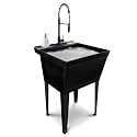 Utility Sink Extra-Deep Laundry Tub in Black with High-Arc Coil Pull-Down Sprayer Faucet in Matte Black, Integrated Supply Lines, P-Trap Kit, Heavy Duty Floor Mounted Freestanding Wash Station