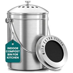 utopia kitchen compost bin for kitchen countertop - 1 gallon compost bucket for kitchen with lid - includes 1 spare charcoal filter silver