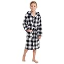 V.&GRIN Boys Fleece Hooded Robe, Soft Print Bathrobe Kids 5-14(Black Plaid5-6)