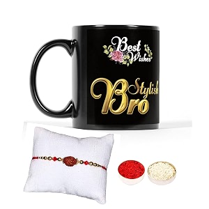 v kraft rudhraksh rakhi gift pack with roli chawal for tilak for bhai with world39s best bro ever printed stylish coffee mug for brocousinbhailittle bro for rakshabandhan black-08