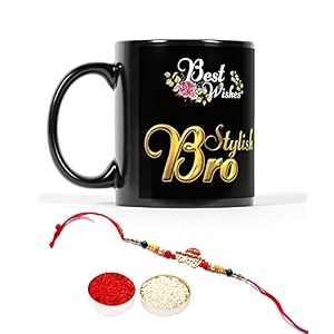 v kraft rudhraksh rakhi gift pack with roli chawal for tilak for bhai with world39s best bro ever printed stylish coffee mug for brocousinbhailittle bro for rakshabandhan black-07
