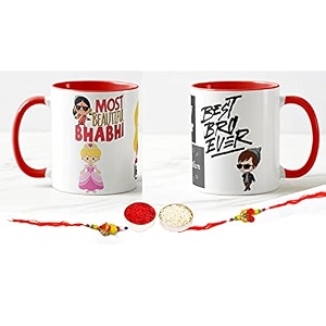 v kraft rakhi with roli chawal for tilak for brother and lumba rakhi for bhabhi gift with latest king bhaiya queen bhabhi printed couple mug combo pack for bhaiya bhabhi red 3 tone-10