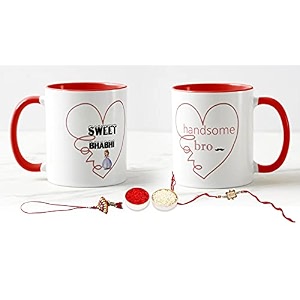 v kraft rakhi with roli chawal for tilak for brother and lumba rakhi for bhabhi gift with latest king bhaiya queen bhabhi printed couple mug combo pack for bhaiya bhabhi red 3 tone-12