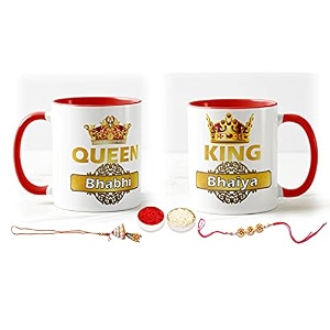 v kraft rakhi with roli chawal for tilak for brother and lumba rakhi for bhabhi gift with latest king bhaiya queen bhabhi printed couple mug combo pack for bhaiya bhabhi red 3 tone-03