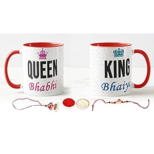 v kraft rakhi with roli chawal for tilak for brother and lumba rakhi for bhabhi gift with latest king bhaiya queen bhabhi printed couple mug combo pack for bhaiya bhabhi red 3 tone-06