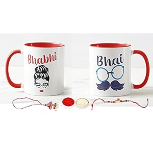 v kraft rakhi with roli chawal for tilak for brother and lumba rakhi for bhabhi gift with latest king bhaiya queen bhabhi printed couple mug combo pack for bhaiya bhabhi red 3 tone-05