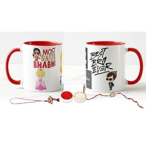 v kraft rakhi with roli chawal for tilak for brother and lumba rakhi for bhabhi gift with latest king bhaiya queen bhabhi printed couple mug combo pack for bhaiya bhabhi red 3 tone-09