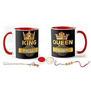 v kraft rakhi with roli chawal for tilak for brother and lumba rakhi for bhabhi gift with latest king bhaiya queen bhabhi printed couple mug combo pack for bhaiya bhabhi red 3 tone-02
