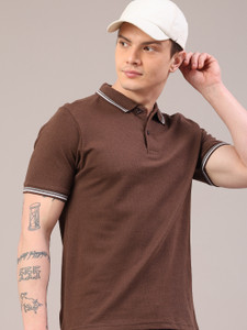 V-MART Self Design Men Polo Neck Brown