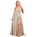 V Neck Satin Prom Dresses with Slit Long A line Formal Bridesmaid Dresses for Women BDL004