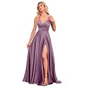 V Neck Satin Prom Dresses with Slit Long A line Formal Bridesmaid Dresses for Women BDL004