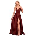 V Neck Satin Prom Dresses with Slit Long A line Formal Bridesmaid Dresses for Women BDL004