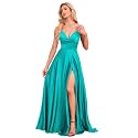 V Neck Satin Prom Dresses with Slit Long A line Formal Bridesmaid Dresses for Women BDL004