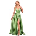 V Neck Satin Prom Dresses with Slit Long A line Formal Bridesmaid Dresses for Women BDL004