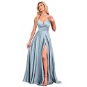 V Neck Satin Prom Dresses with Slit Long A line Formal Bridesmaid Dresses for Women BDL004