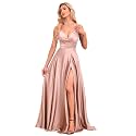 V Neck Satin Prom Dresses with Slit Long A line Formal Bridesmaid Dresses for Women BDL004