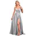 V Neck Satin Prom Dresses with Slit Long A line Formal Bridesmaid Dresses for Women BDL004