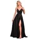 V Neck Satin Prom Dresses with Slit Long A line Formal Bridesmaid Dresses for Women BDL004