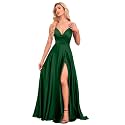V Neck Satin Prom Dresses with Slit Long A line Formal Bridesmaid Dresses for Women BDL004