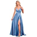 V Neck Satin Prom Dresses with Slit Long A line Formal Bridesmaid Dresses for Women BDL004