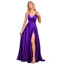 V Neck Satin Prom Dresses with Slit Long A line Formal Bridesmaid Dresses for Women BDL004