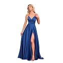 V Neck Satin Prom Dresses with Slit Long A line Formal Bridesmaid Dresses for Women BDL004