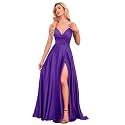 V Neck Satin Prom Dresses with Slit Long A line Formal Bridesmaid Dresses for Women BDL004