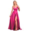 V Neck Satin Prom Dresses with Slit Long A line Formal Bridesmaid Dresses for Women BDL004