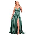 V Neck Satin Prom Dresses with Slit Long A line Formal Bridesmaid Dresses for Women BDL004